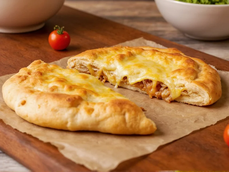 Golden homemade calzone cut open showing melted cheese