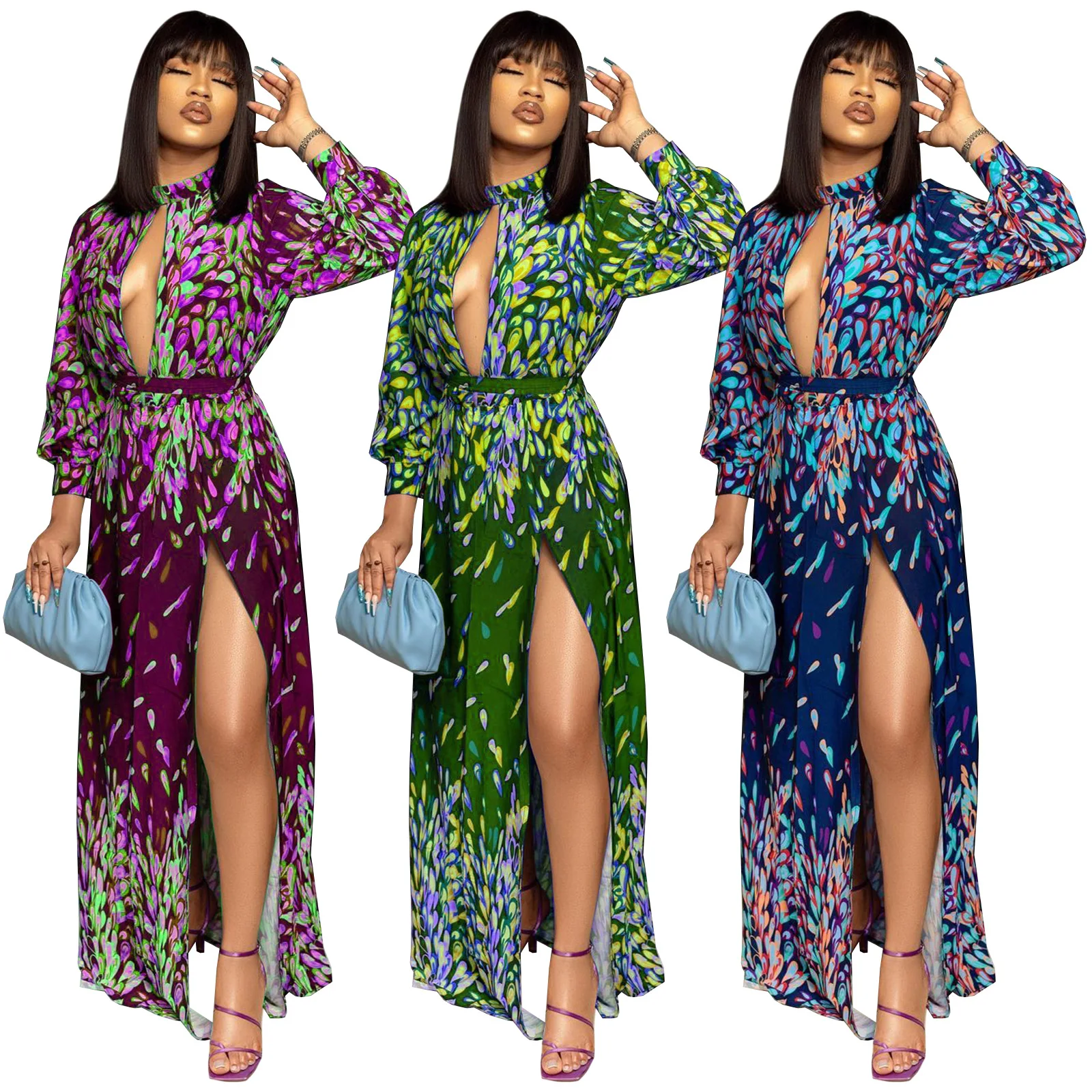

2022 Spring Fashionable Hang Neck Strapless Floral Print Chiffon Maxi Dresses Women Sexy Hollow Out Split Causal Dresses