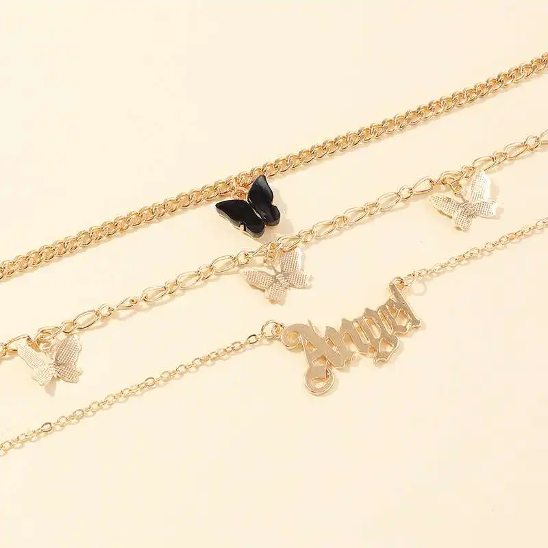 

Gold Charm 3 Layers Three-piece/set Pendant Letter Angel Black Pink Butterfly Anklet, Pink,black