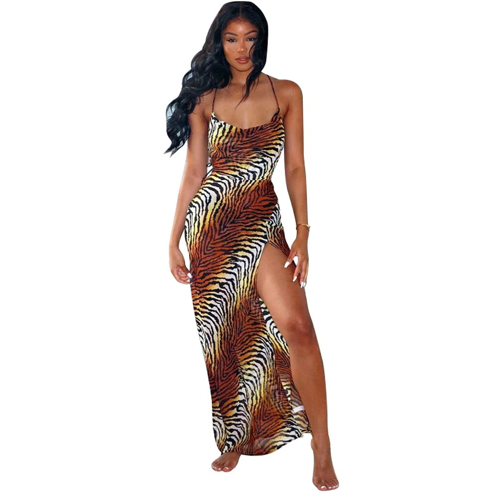 

Woman Dresses New Arrivals 2021 Sleeveless Backless Tiger Print Sexy Dress Women Long Split Zipped Halter Dress