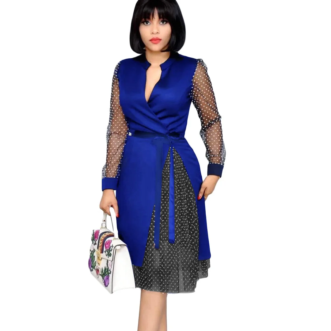 

African-USA Plus size Office Dress women clothing waist slim polka dot printed mesh lace dress Autumn Casual dresses for women