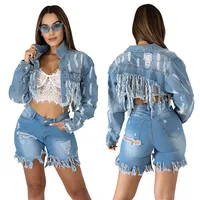 

Hot Selling Jeans Jacket Coat Ladies Light Blue Color Tassels Button Washed Short Fashion Casual Women Denim Jackets