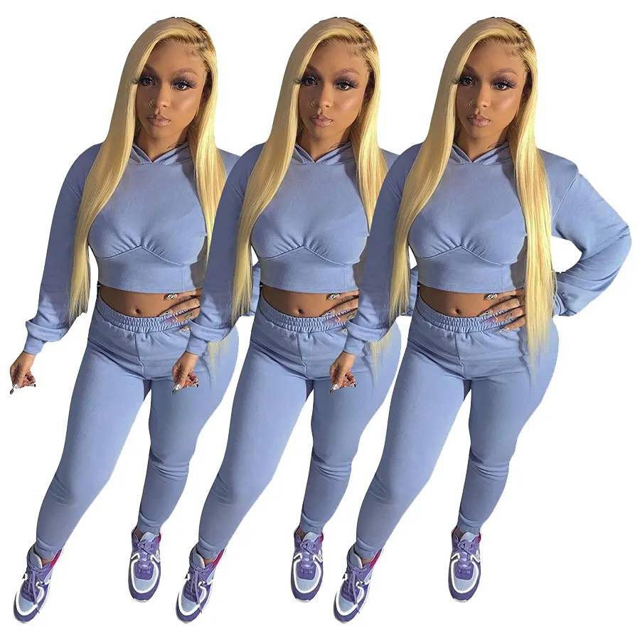 

Foma G68524 fall women outfit casual solid color sports two piece sets crop top hoodie set and long pants, 1 color