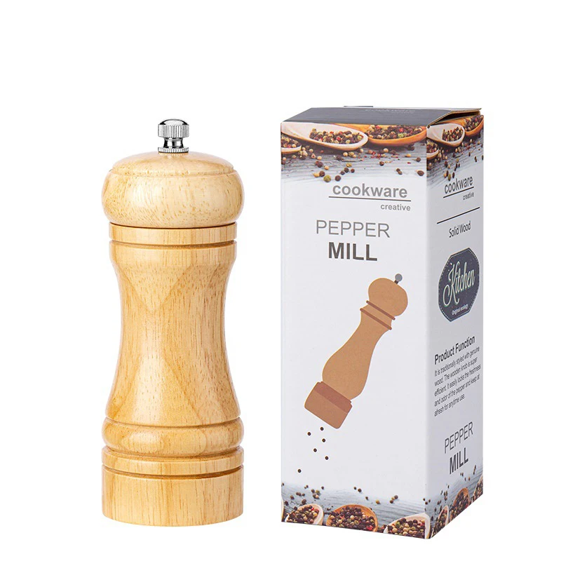 Wholesale Handmade Manual 5inch Wood Spice Salt Shaker Premium Wooden Salt Pepper Grinder Wooden Pepper Mill, Transparent bottle
