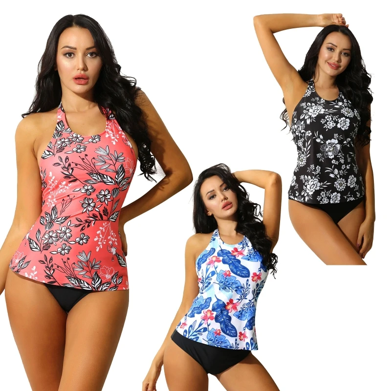 

Hot Sale 2 Pcs Printing Tankini Women High Neck Halter Lace-up Swimwear Bathing Bathing Suits Beachwear