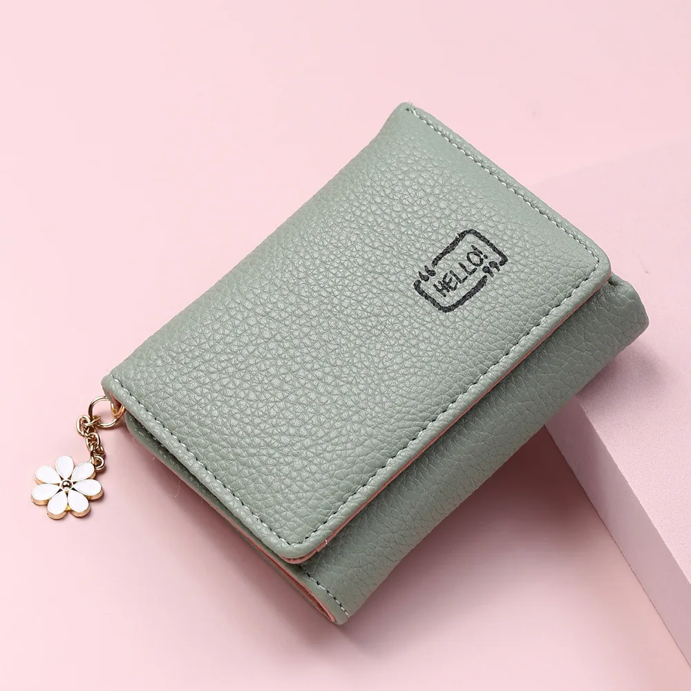 

2021 Amazon Hello Female Short Paragraph Ladies Student Wallet Simple Folding card holder cute PU tri-fold coin purse, 2 colors