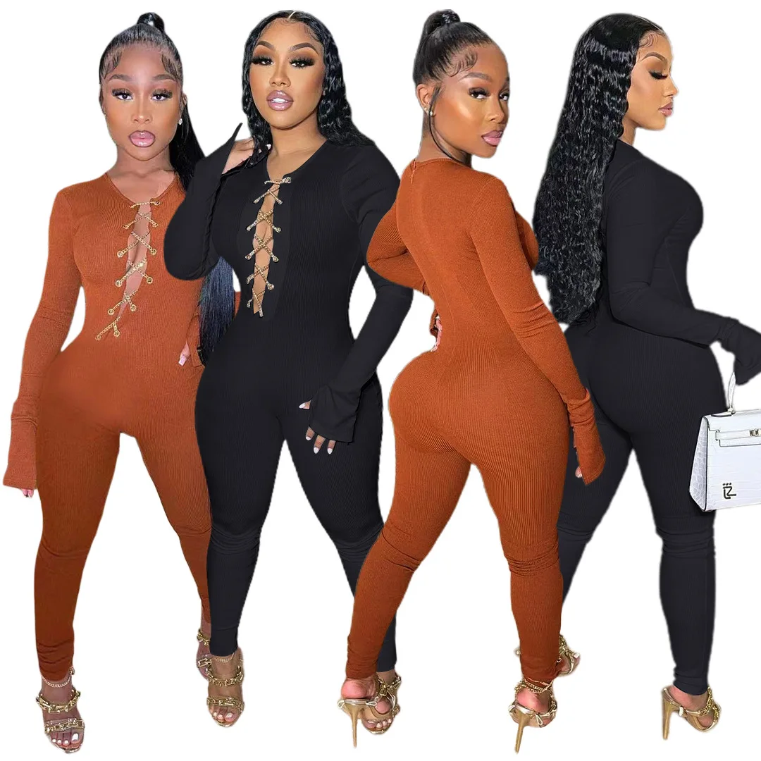 

Long Sleeve One Piece Metal Chain Lace Jumpsuit Women Classy Sexy Jumpsuits For Women Club Bandage Knit Rompers Women Jumpsuit, 2 colors