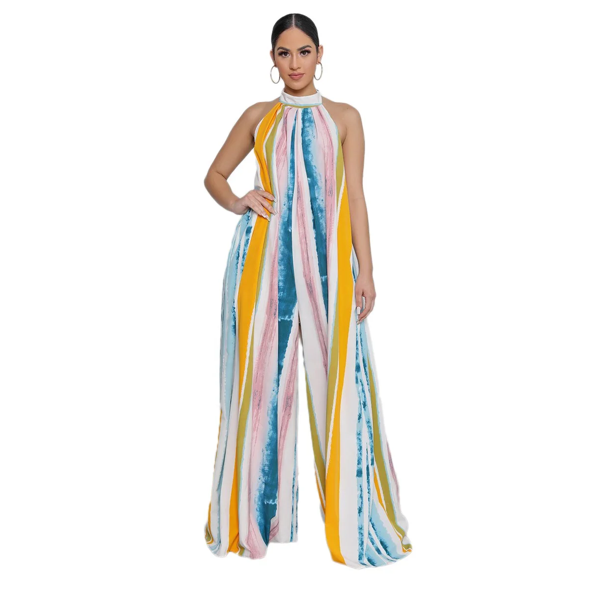 

Summer Colorful Loose Halter Neck Striped Jumpsuit Women
