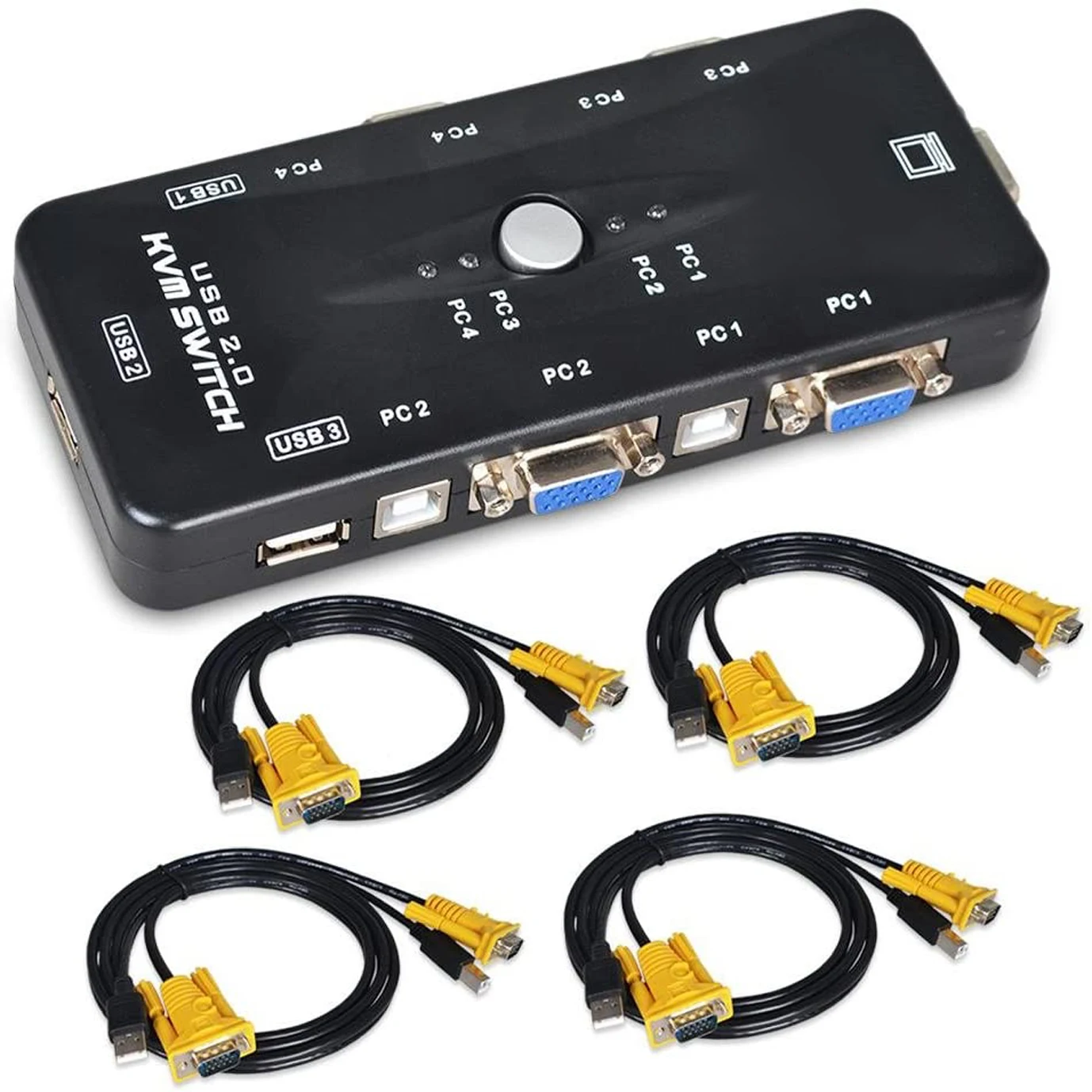 

USB KVM Switch 4 Port PC Monitor Switches with 4 USB VGA Cables for Computer Keyboard Mouse Monitor, Black