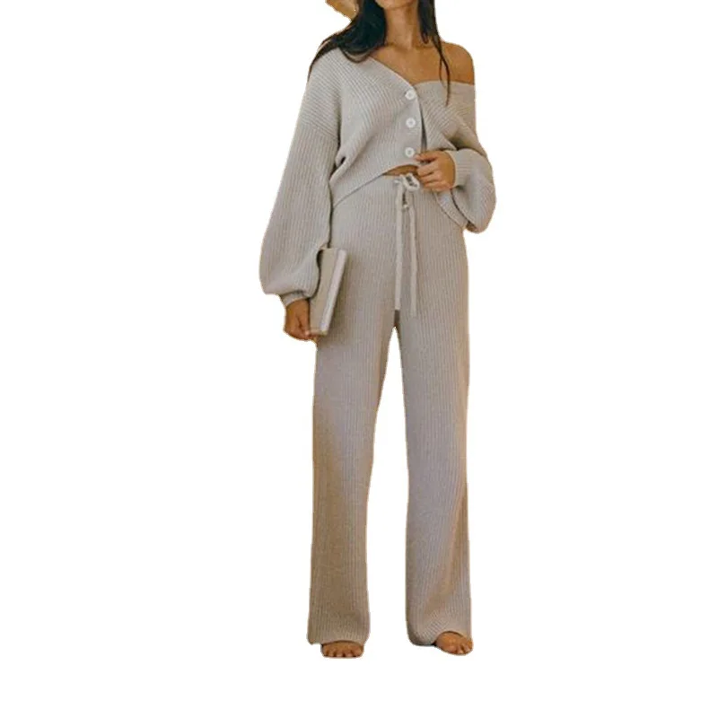 

2021 High Quality Wholesales Women Sweater Cardigan Suit Manufacturer Fashion Hot Sale Slim Trousers, Light gray