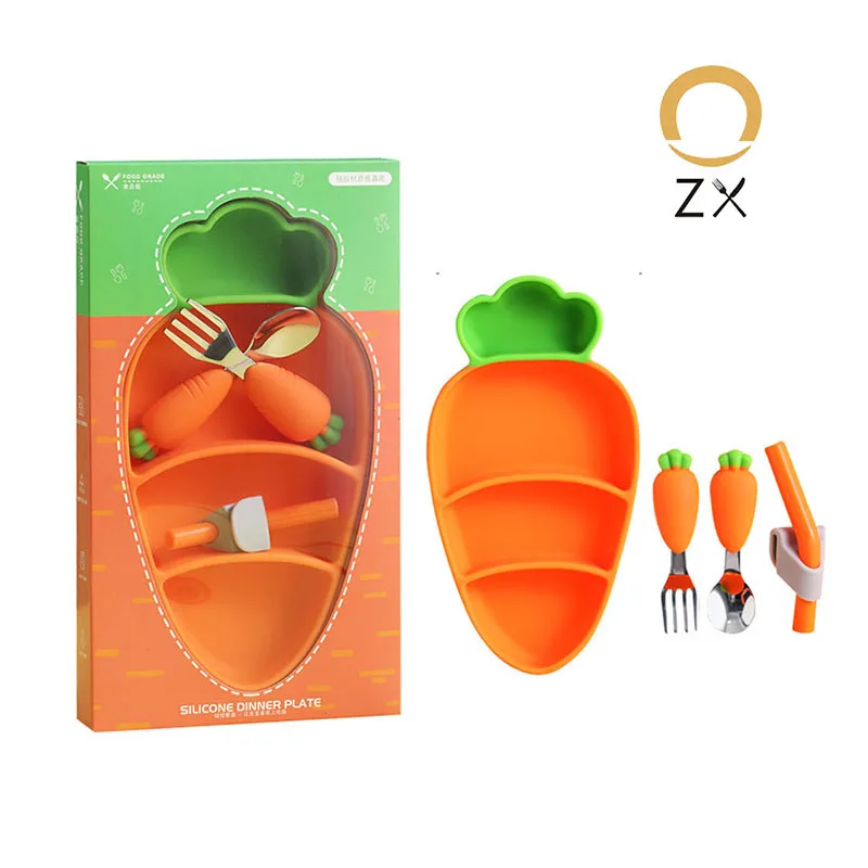 

2021 New Arrival Eco-friendly Cute Carrot Shape Plate Cutlery Set Spoon Fork and Straw Feeding Bib Baby Silicone Plate, Orange