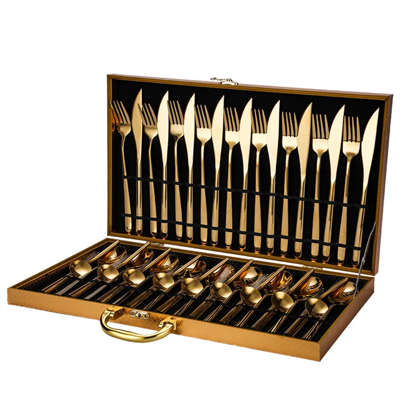 

High end 24/48 pieces bulk gold color 304 stainless steel flatware set with wood box for wedding gift