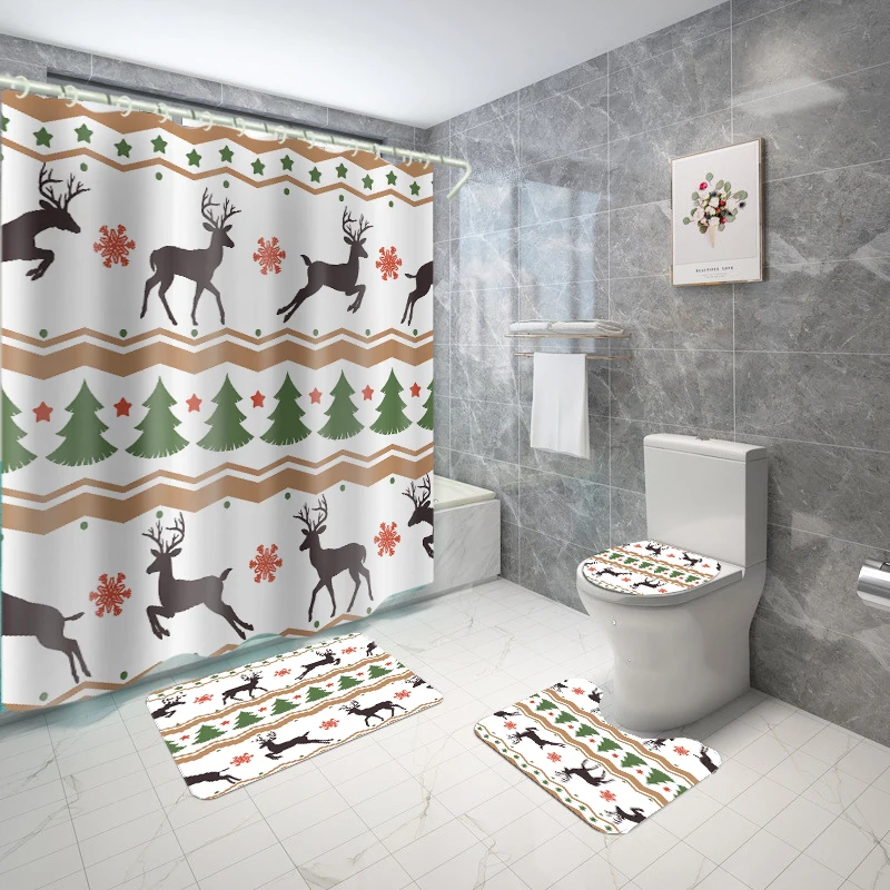 

Simple Christmas Deer Theme Bathroom Shower Curtain Set Bathroom Curtain Set 100% Polyester Customized Bathroom Set, Picture