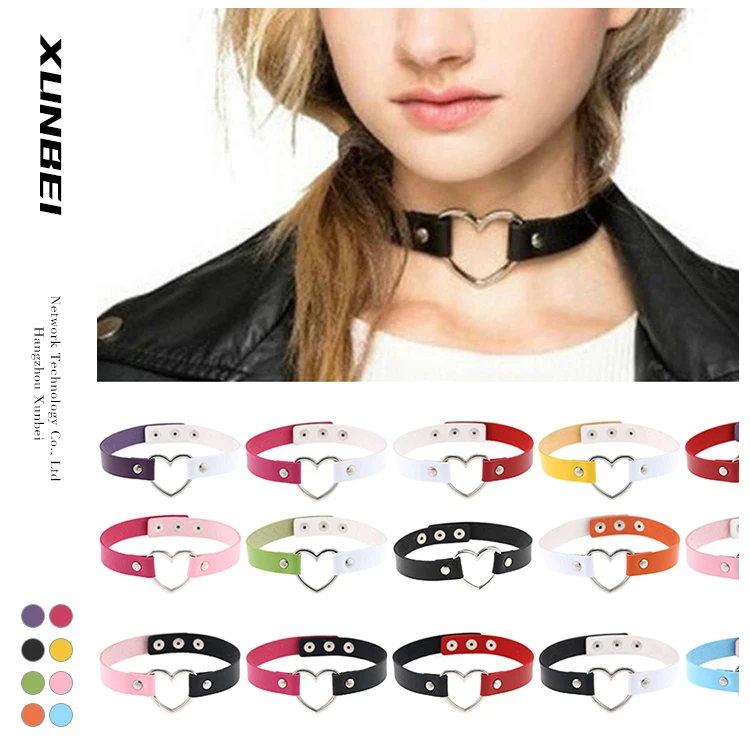 

2021 wholesale fashion trendy sexy Cool Punk Goth Rivet Collar Choker Heart Shape adjustable Leather Necklace for women, Could be customized
