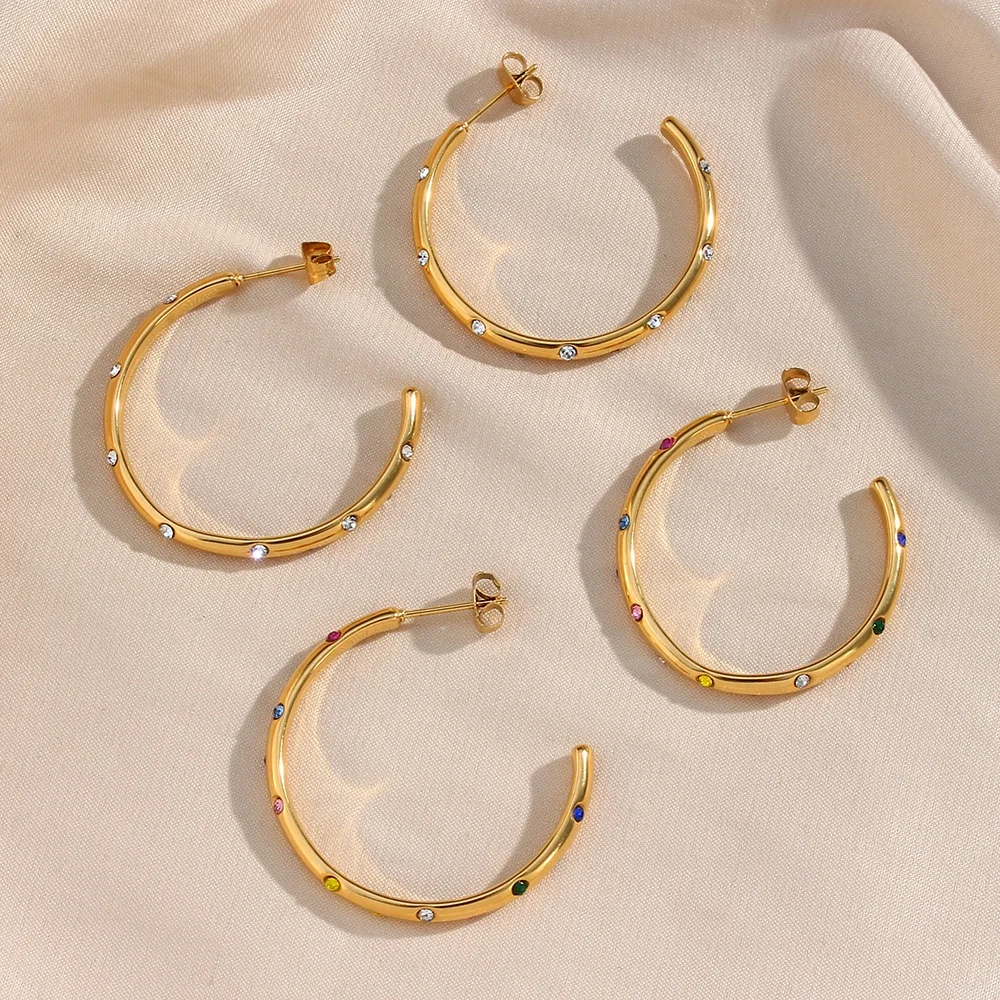 Drop Shipping Colorful Zircon Statement Earring 18K Gold Plated Stainless Steel Hoop Earring