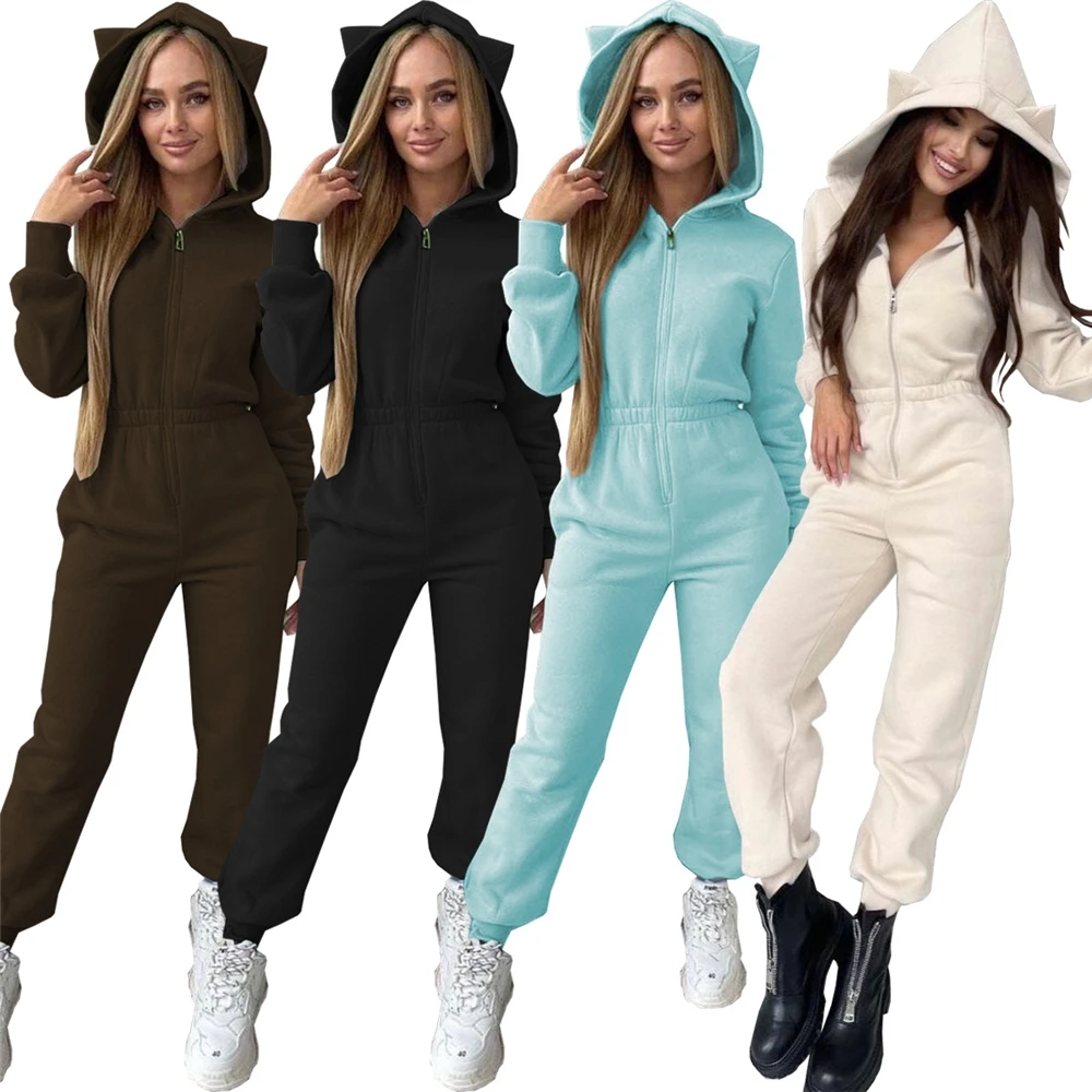 

MD-20222704 Cute Girls' Hooded Jumpsuits Long Sleeve Overalls Zip Up Christmas Pajamas Women One Piece Jumpsuit