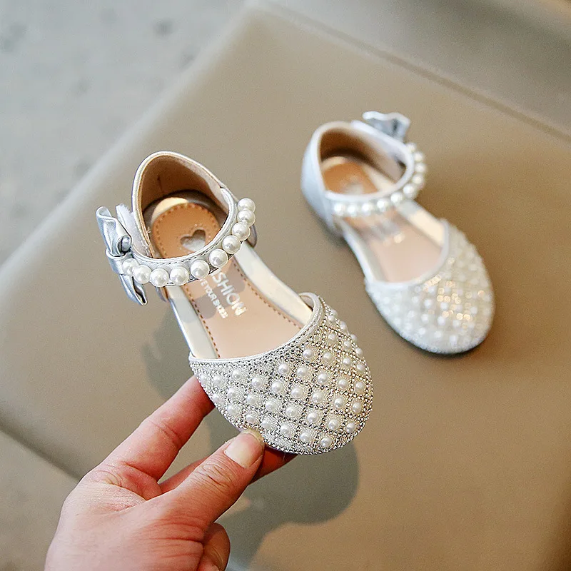 

2022 new children's rhinestone big pearl princess shoes girls Baotou half heel sandals girls dance performance shoes, Pink/silver