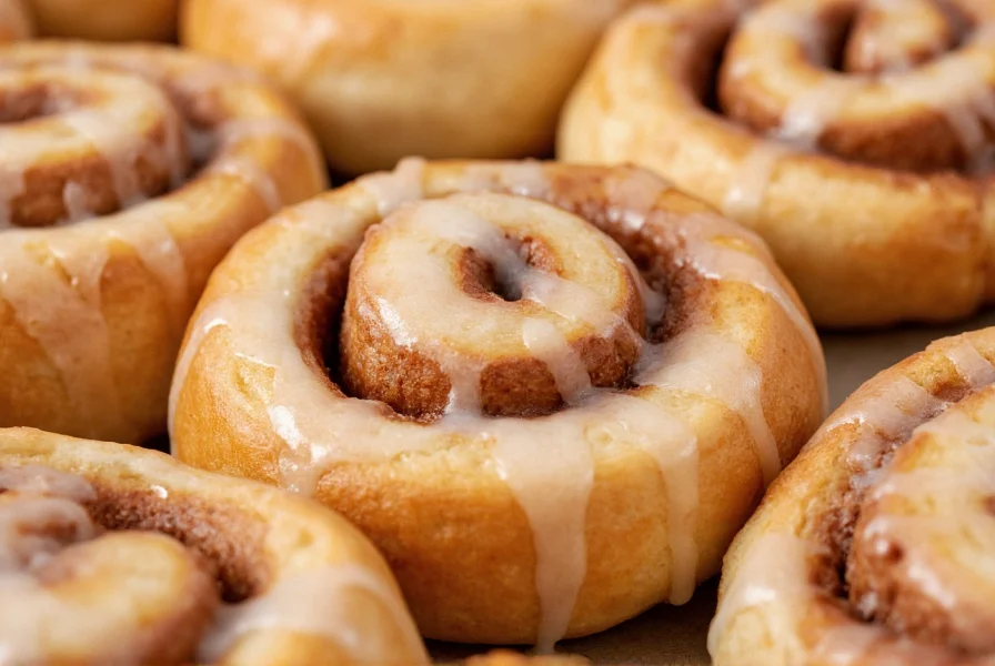 Close-up of freshly baked cinnamon rolls with melted icing dripping down warm swirls