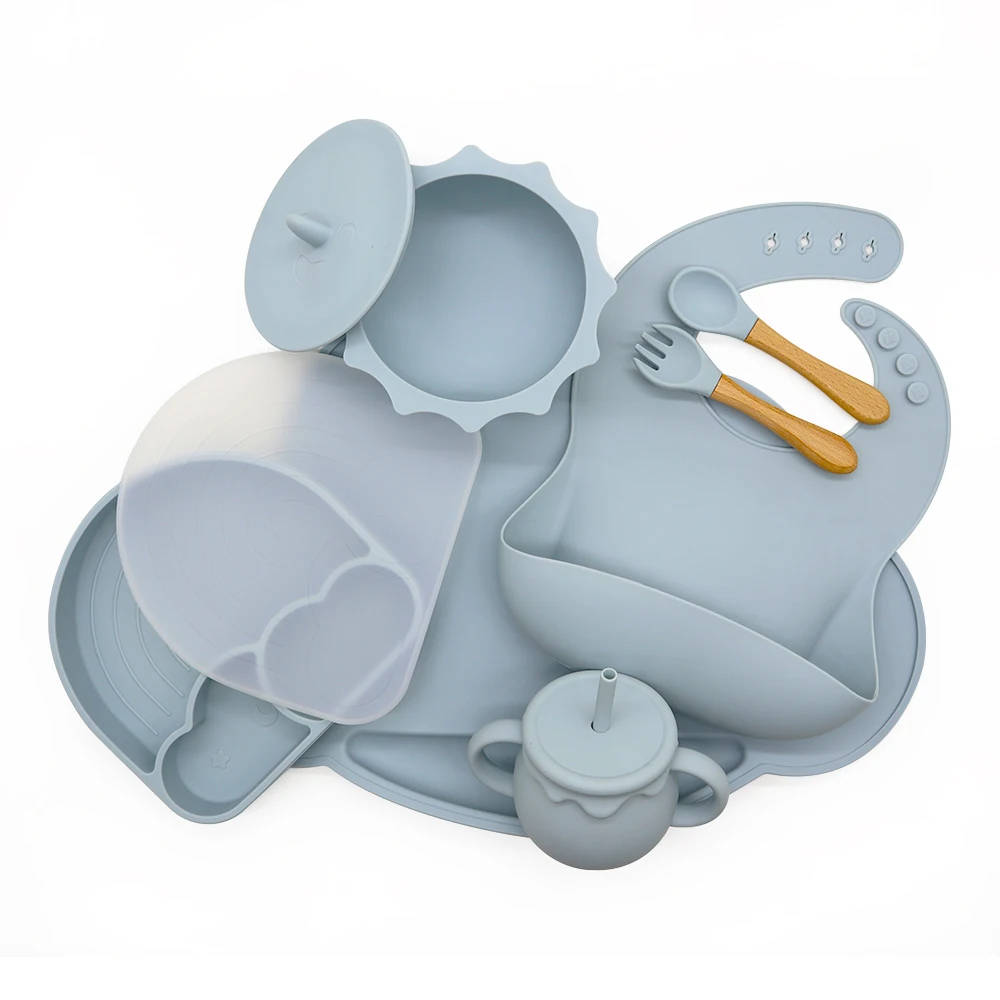 

Food safe fashion Baby toddler kids Feeding plate Set silicone bib mold Plates Bowls Spoons