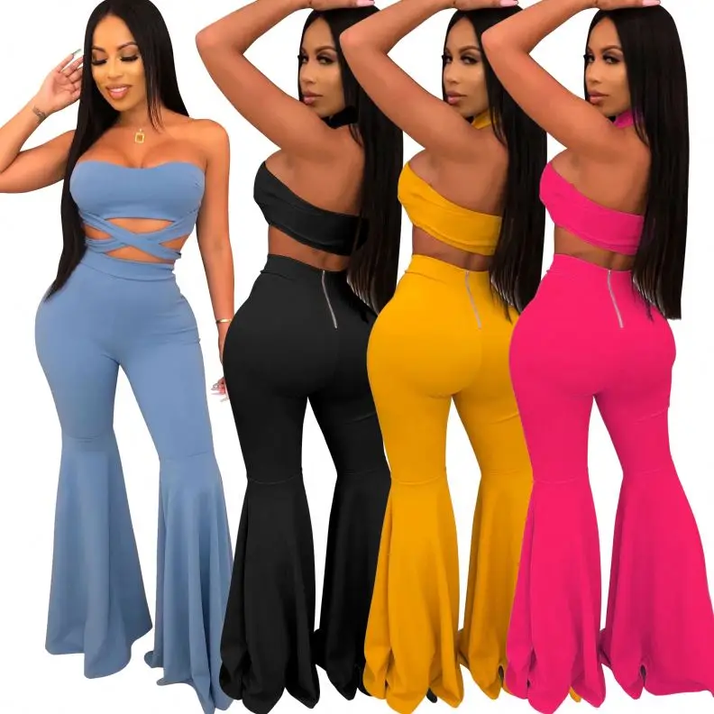 

2020 Hot Sale Sexy 2 Piece Set Bandage Tube Top Flare Pants Women Club Apparel