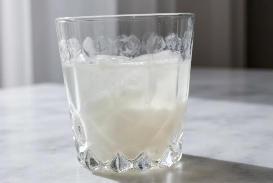 Close-up of clear ouzo transforming to milky white when water is added, demonstrating the ouzo effect in a traditional glass