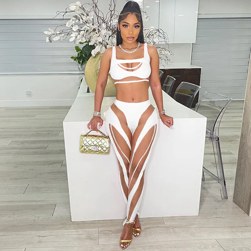 

2022 new arrival women two piece set summer sexy sleeveless suspenders tight tops splicing mesh pants suit crop top 2 piece set, Customized color