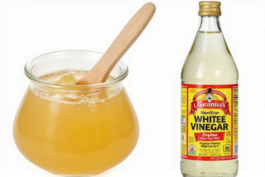 Assortment of white vinegar bottles on wooden shelf