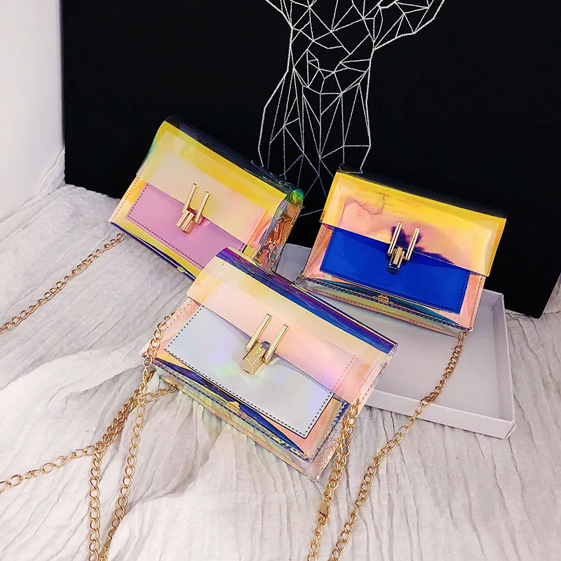 

2021 Mini Luxury Glitter Crossbody Rainbow Holographic Girls Chain Purse Clear Transparent Pvc Women Jelly Purse, Multiple