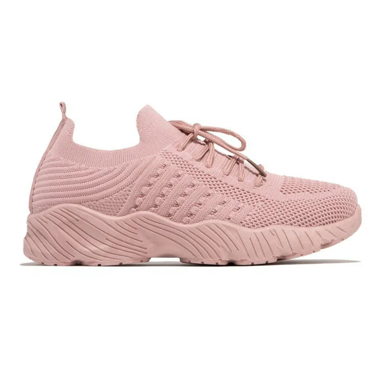 

Spring new large sneakers women's thick soled solid color lace up lightweight flying woven shoes