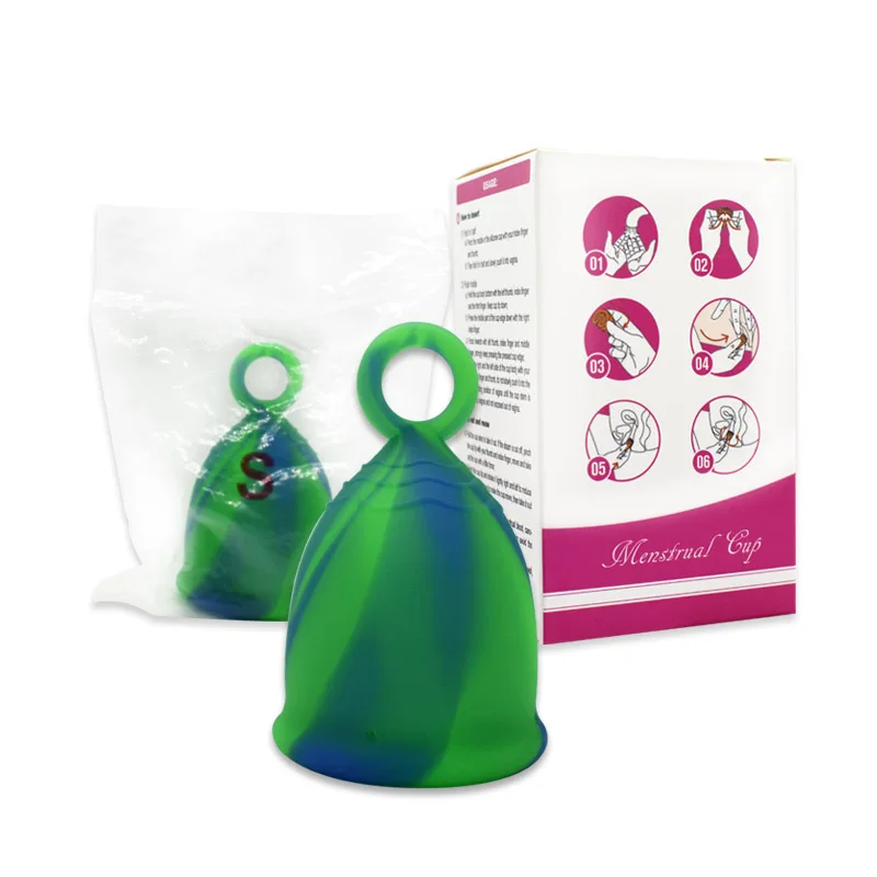 

Wholesale reusable 100 medical silicone copa menstrual cup with ring Manufacturer, Colorful pink,colorful green,pink,purple,black