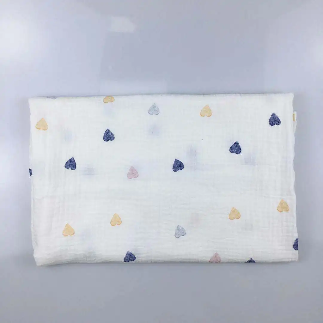 

French Popular Cotton Crinkle Double Layer Gauze Muslin Heart Print Fabric for Kids' Clothes & Blankets