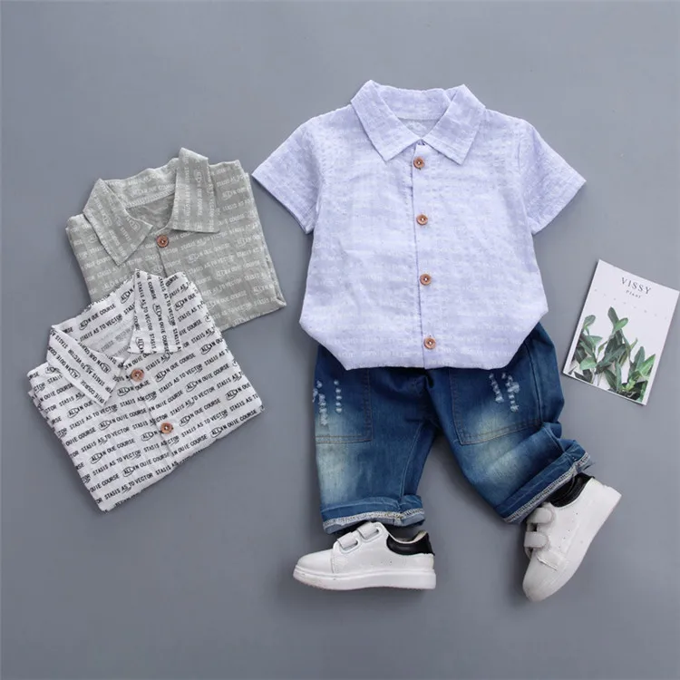 

2 Piece Boys Outfit Sets Short Sleeve Tshirt with Letter Design+Denim Jeans 2Pcs Baby Boy Summer Clothes Casual Kids Clothing, White/gray/sky blue