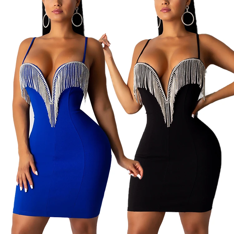 

2019 Deep V Neck Elegant Black White Crystal Diamond Tassels Mini Women Sequin Sexy Club Bandage Party Dress, Black, white, red, blue