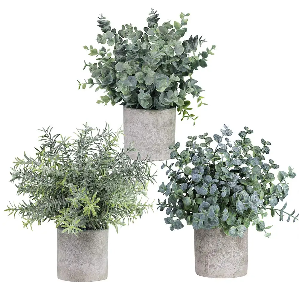 

Amazon Hot Sale Set of 3 Mini Potted Craft Artificial Eucalyptus Plants Plastic Faux Green Rosemary Plant, Customized