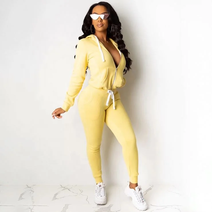 

Hooded Collar Two Piece Pants Set With Pockets Casual Ladies 2 PCS Sweatsuit Plain Tracksuits Wholesale -PT, Yellow,orange,brick green,rose red,black