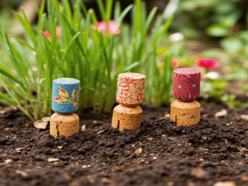 Hand-painted wine corks used as garden plant markers