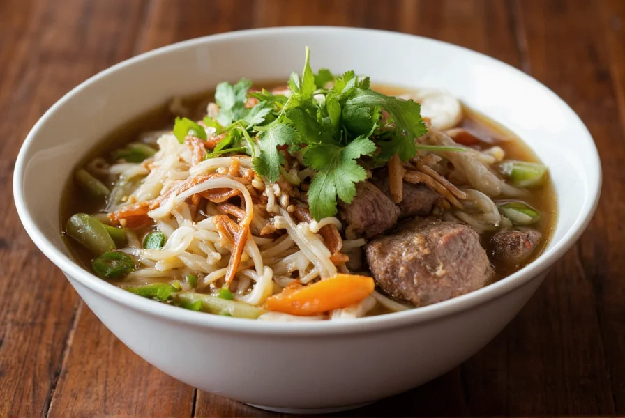 Bowl of ginger pho with rice noodles, beef slices, and fresh herbs