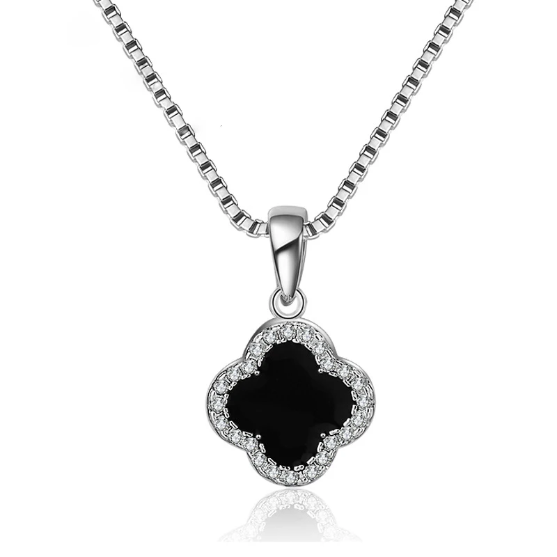 

BDZ46 Wholesale 925 Sterling Silver Black agate Four Leaf Clover Pendant Necklace jewelry