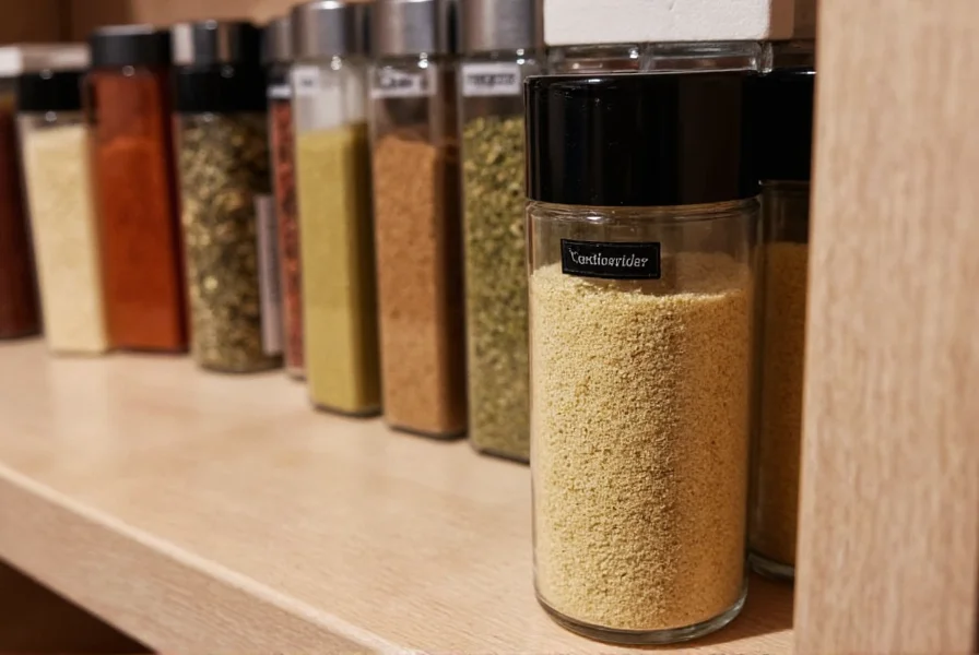 Spice rack showing ground coriander jar next to other spices with proper storage containers