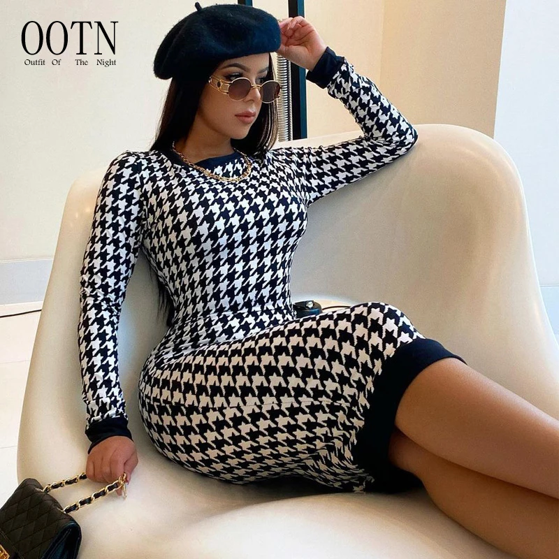 

OOTN 2021 Autumn Winter Club Elegant Slim Hollow Out Bodycon Sexy Streetwear Houndstooth Print Women Long Sleeve Midi Dress