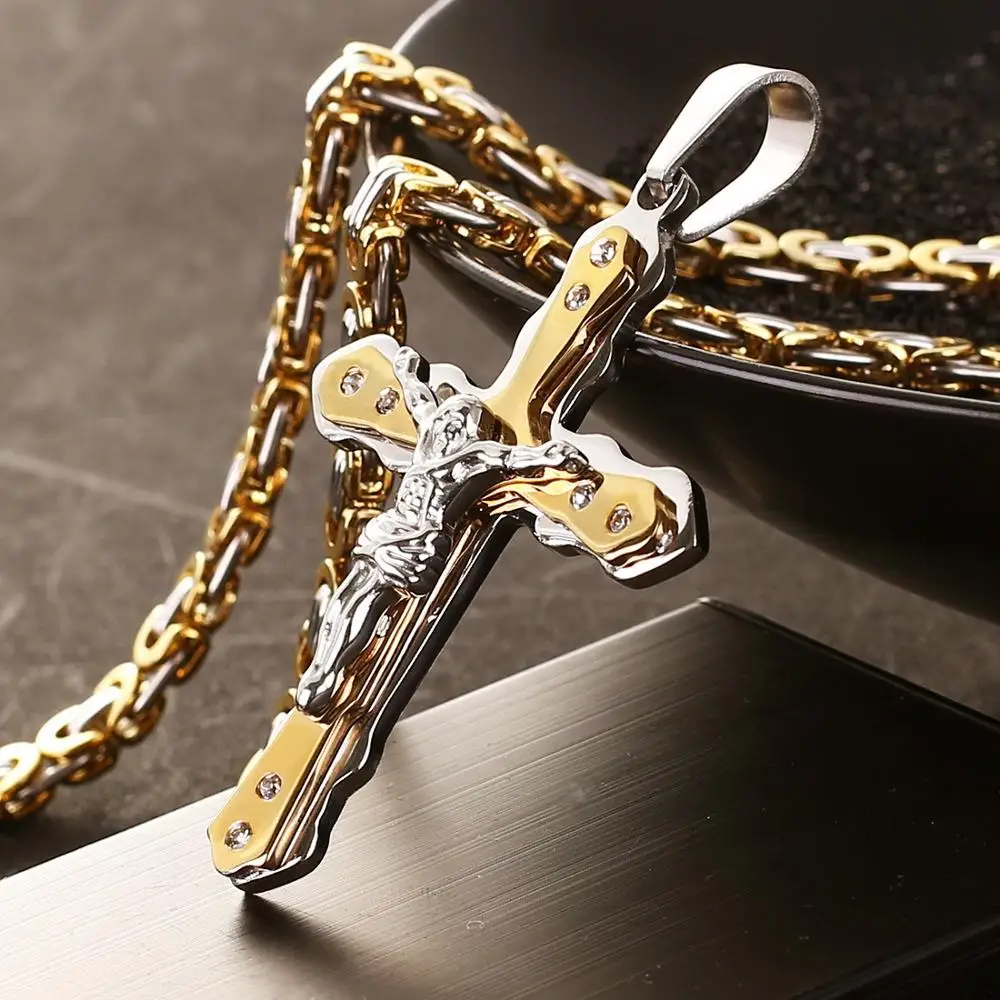 

Factory Wholesale stainless steel two colour plated Jesus Christian living cross men necklace with gold and silver plating, 18k gold, silver, rose gold, etc