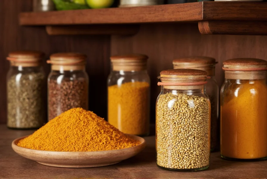Traditional Indian kitchen scene showing asafoetida container next to other spice jars on a wooden shelf