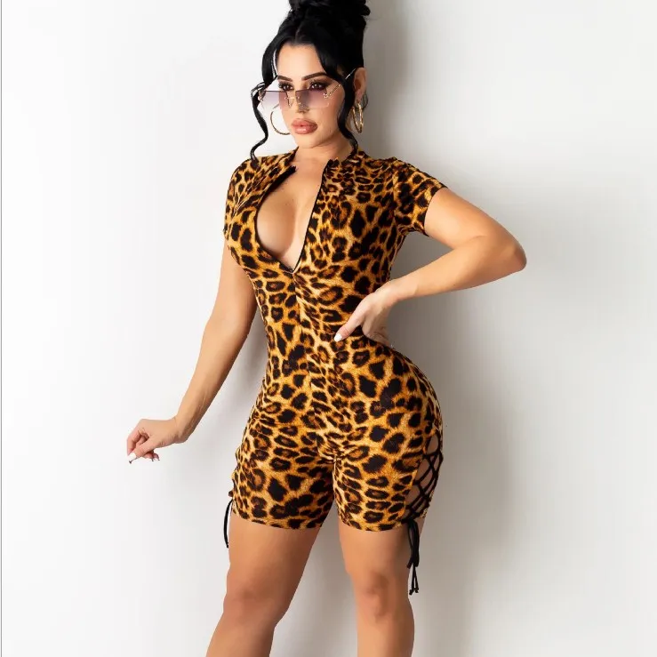 

Z-x374 Leopard Bodycon Playsuit Summer Outfits for Women Sexy Clubwear Hollow Bandage Short Jumpsuit One Piece Party Rompers, Black