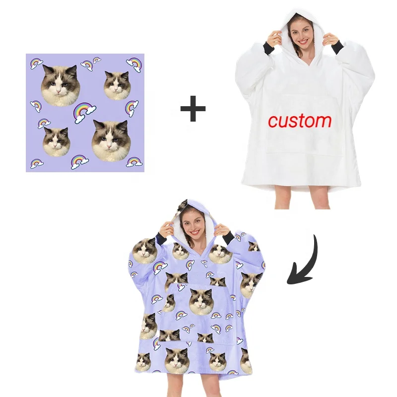 Wholesale Kids Adult Soft Warm Sweatshirt Hooded Blankets Fleece Sherpa Custom Printed Oversized Wearable Hoodie Blanket