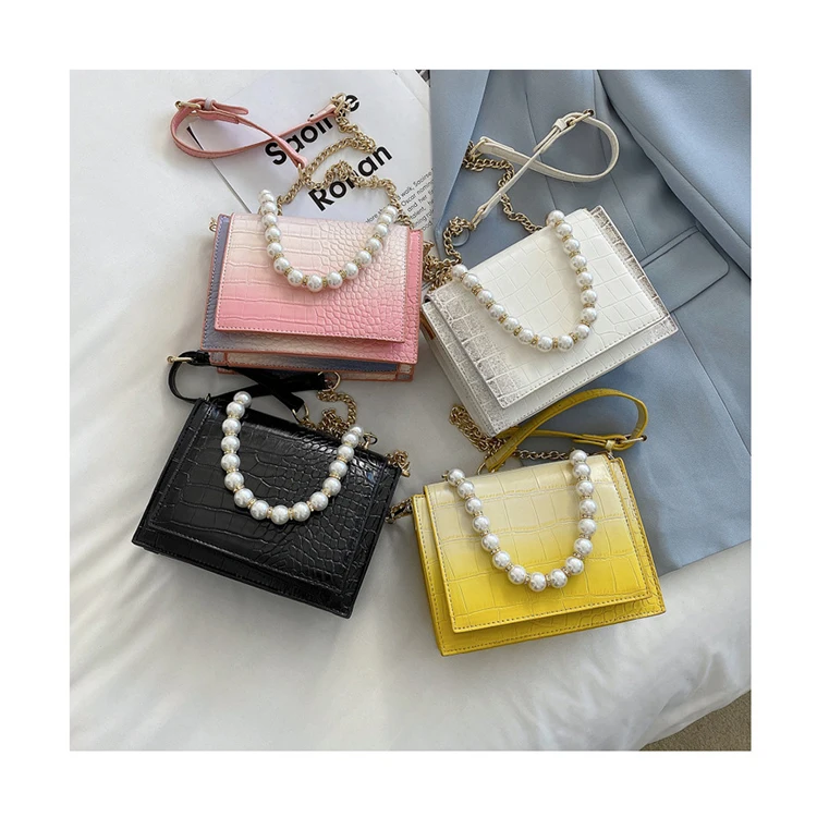 

Stone Pattern Handbags Women Trendy Gradient Color Small Square Bags Chic Pearl Chain Crossbody Bags Flap Purses Ladies Hand Bag
