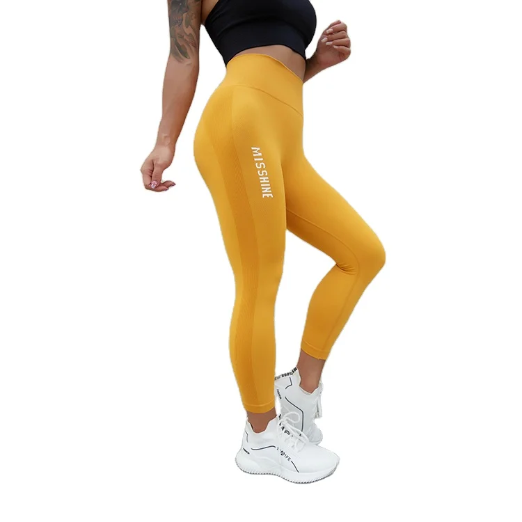

Women Yellow Seamless Yoga Pants High Waisted Butt Lift Compression Tights Running Sport Leggings