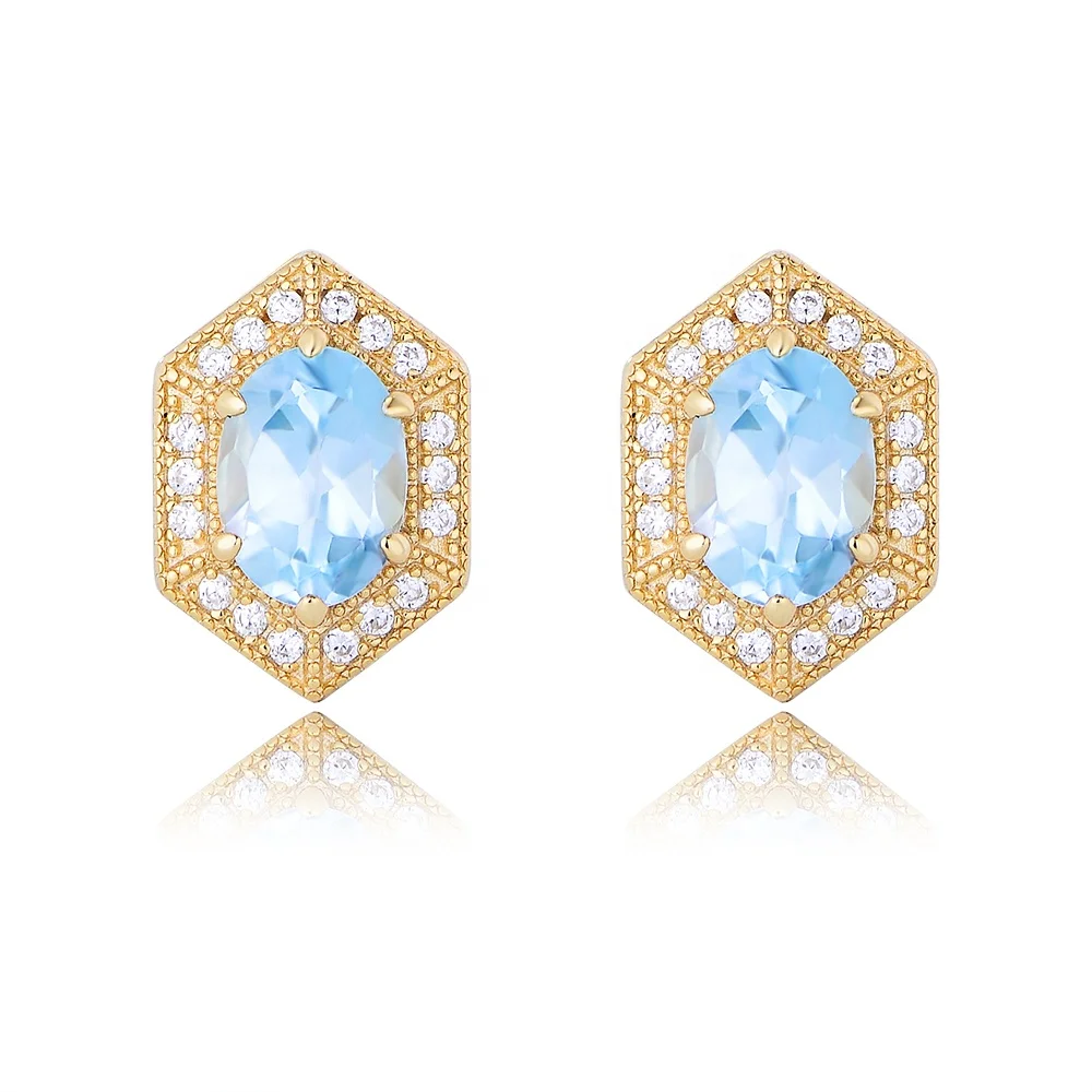 

Peishang customized sterling 925 silver jewelry of modern design luxury 14K gold plated sky blue topaz earrings