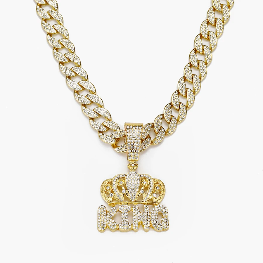 

Big iced out cuban chain with alloy and bling rhinestone hip hop KING letter pendant necklace