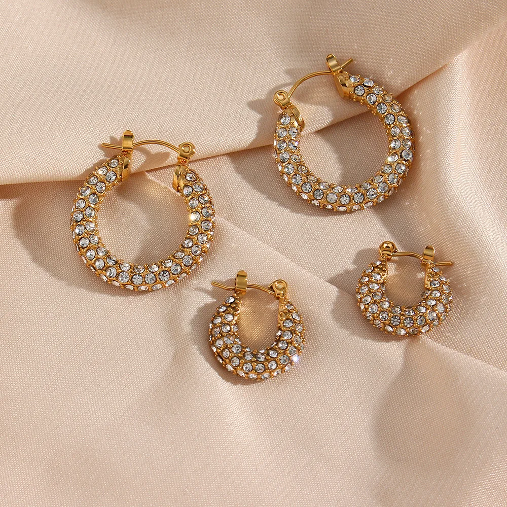 

Wholesale Women Fashion Non Tarnish Free Waterproof Jewelry Stainless Steel 18K Gold Plated Zircon Hoop Earrings