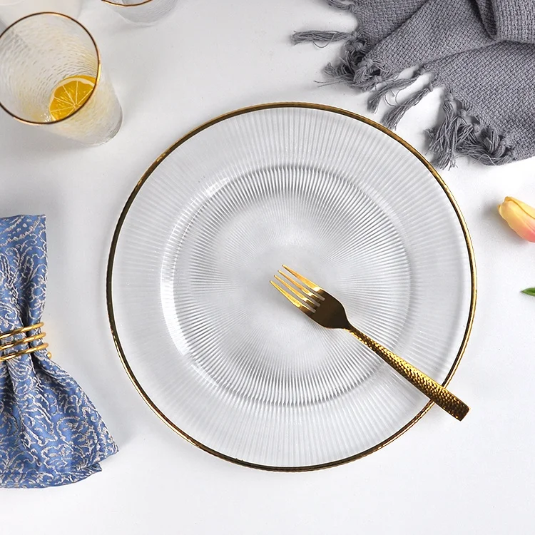 

Wholesale elegant silver rim gold rim 12.6 inch clear glass charger plate for wedding decor